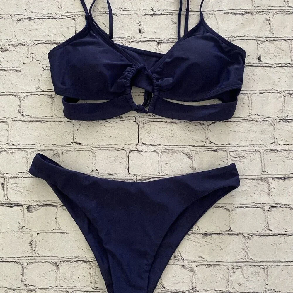 Zaful Navy Blue 2 Piece Keyhole Front Bikini Set Women's Size‎ 8/L Cut Out NWOT
